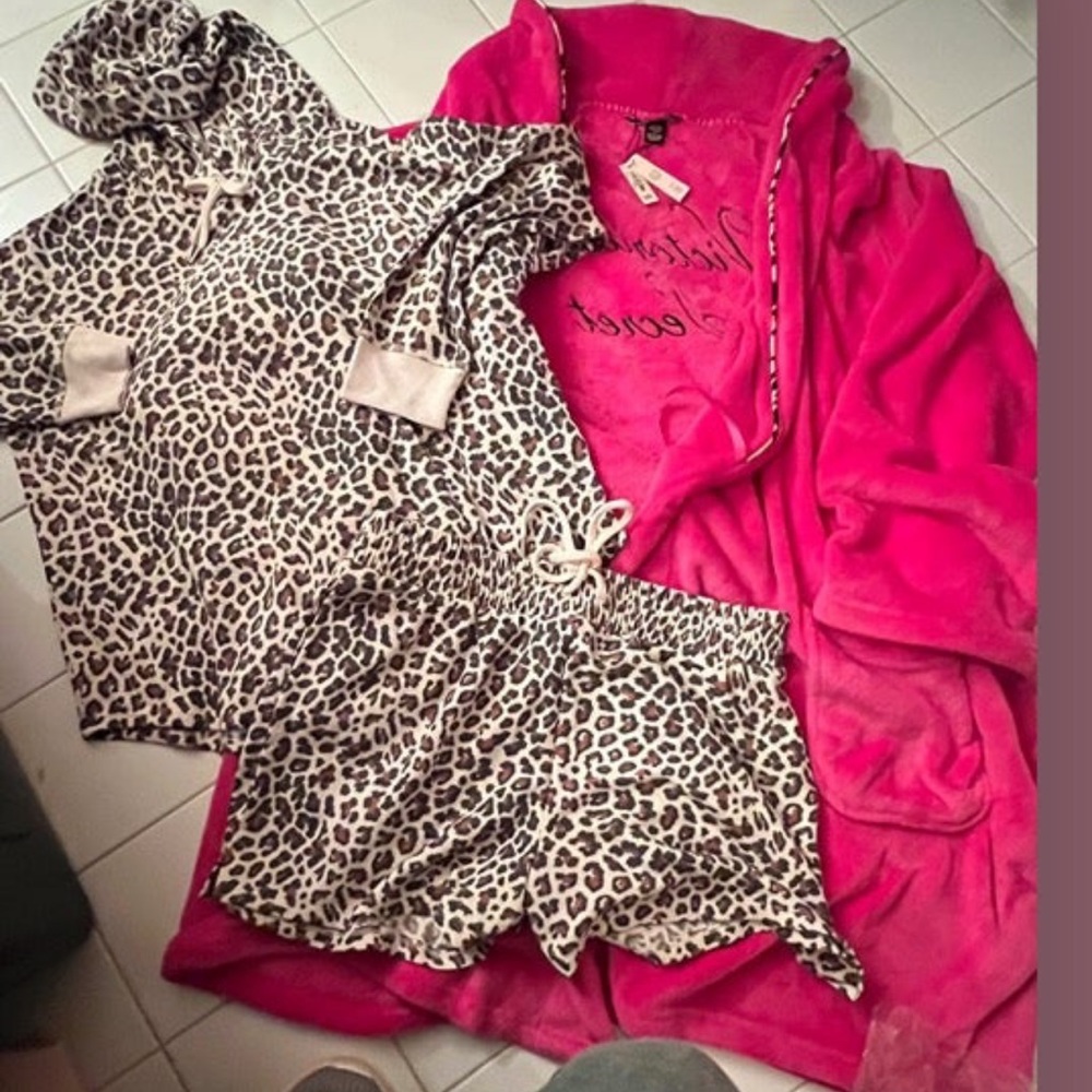 Vs thermal shorts set cozy short robe hot pink with leopard accents